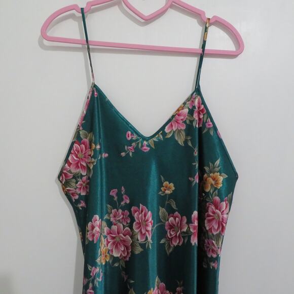 Dentelle Womens Sz L Emerald Green Floral Satin Slip Dress Vintage Made in USA - Picture 4 of 5